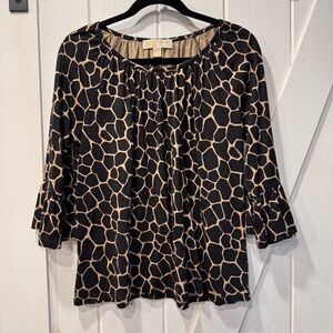 Michael Kors Black and Tan Giraffe Print Blouse 3/4 Flutter Sleeve - Size M